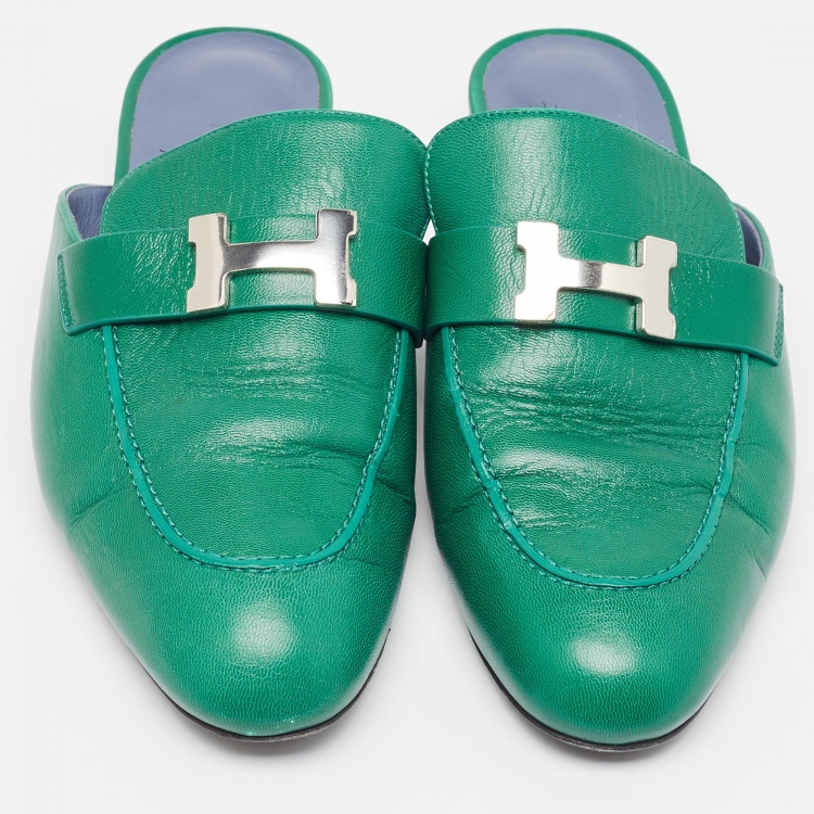 Pre Owned Hermes Green Leather Trocadero Mules Size 38 