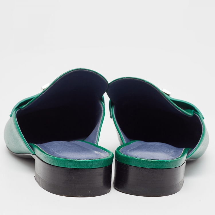 Pre Owned Hermes Green Leather Trocadero Mules Size 38 