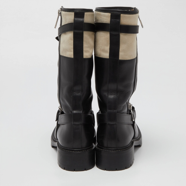 Pre Owned Hermes Black/White Leather and Suede Vancouver Mid Calf Buckle Detail Boots Size 40