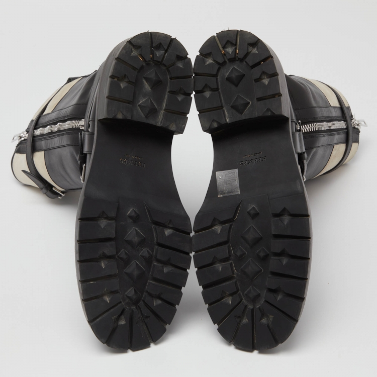 Pre Owned Hermes Black/White Leather and Suede Vancouver Mid Calf Buckle Detail Boots Size 40