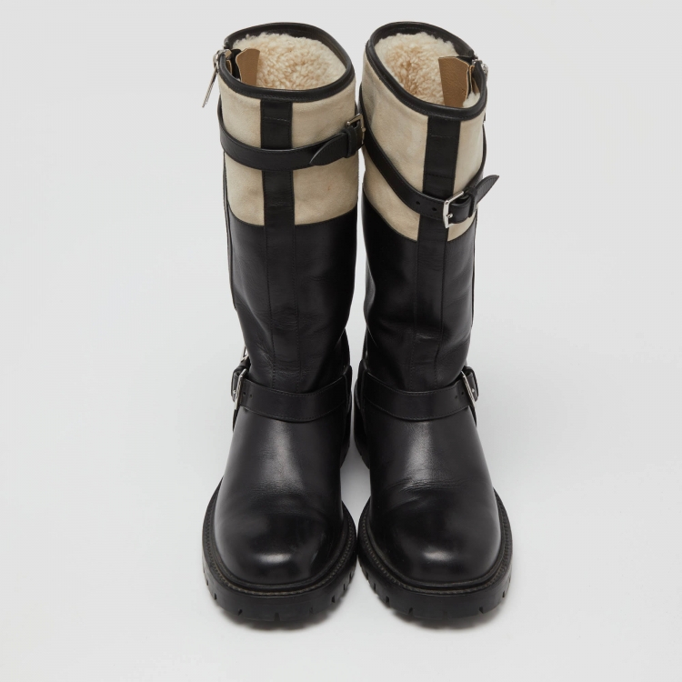 Pre Owned Hermes Black/White Leather and Suede Vancouver Mid Calf Buckle Detail Boots Size 40