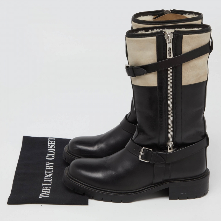 Pre Owned Hermes Black/White Leather and Suede Vancouver Mid Calf Buckle Detail Boots Size 40