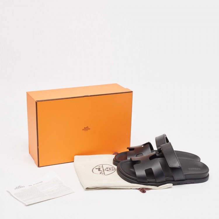 Pre Owned Hermes Black Leather Chypre Flat Sandals Size 39.5
