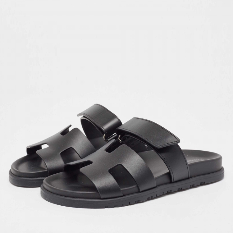 Pre Owned Hermes Black Leather Chypre Flat Sandals Size 39.5