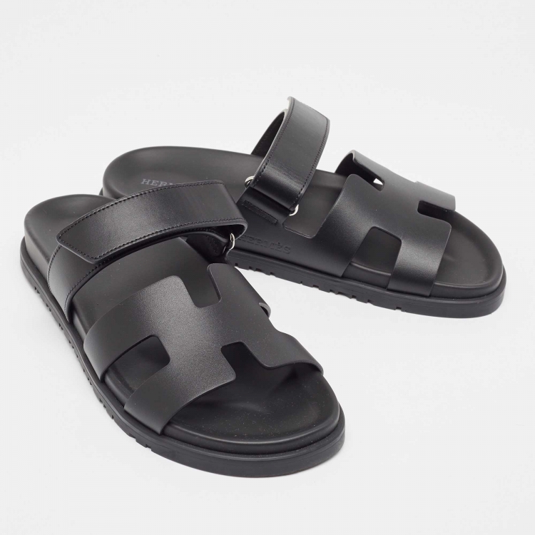 Pre Owned Hermes Black Leather Chypre Flat Sandals Size 39.5