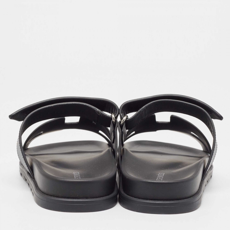 Pre Owned Hermes Black Leather Chypre Flat Sandals Size 39.5