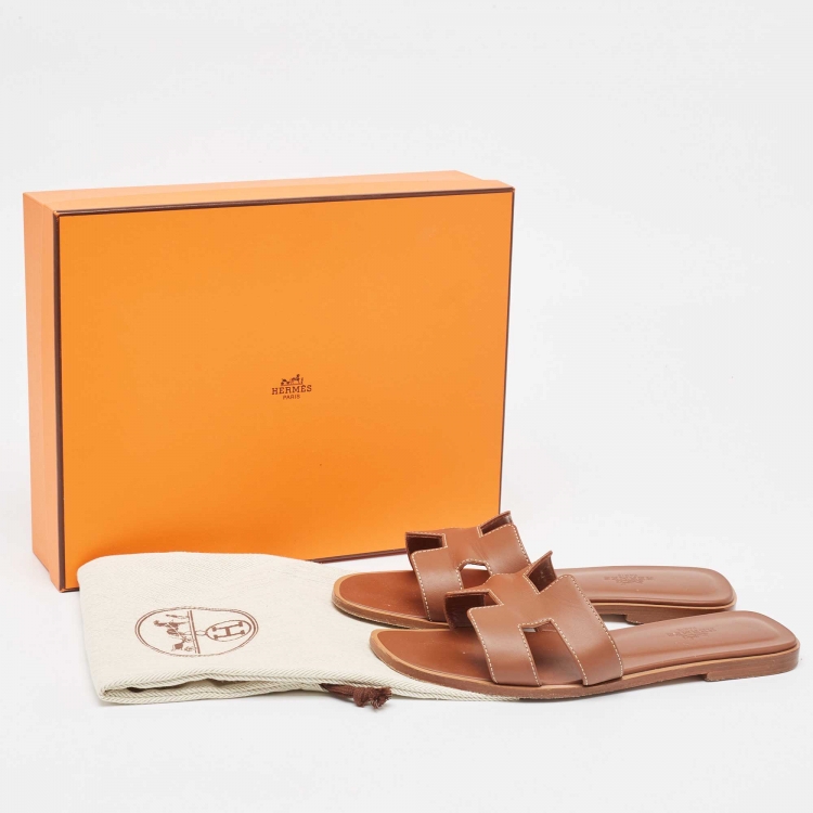 Pre Owned Hermes Brown Leather Oran Flat Slides Size 37  