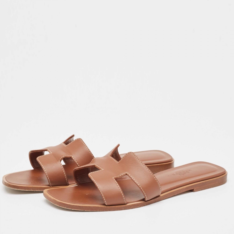 Pre Owned Hermes Brown Leather Oran Flat Slides Size 37  