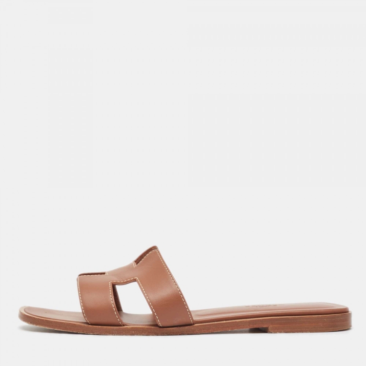 Pre Owned Hermes Brown Leather Oran Flat Slides Size 37  