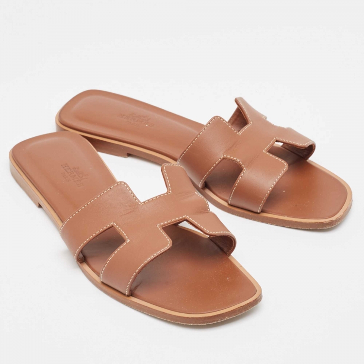 Pre Owned Hermes Brown Leather Oran Flat Slides Size 37  
