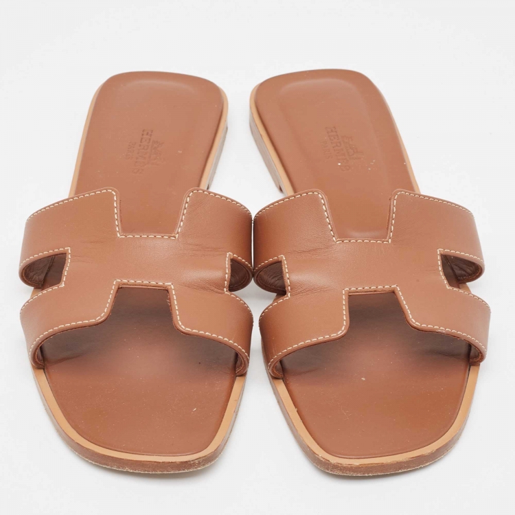 Pre Owned Hermes Brown Leather Oran Flat Slides Size 37  