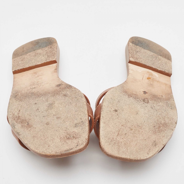 Pre Owned Hermes Brown Leather Oran Flat Slides Size 37  