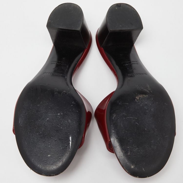Pre Owned Hermes Burgundy Patent Leather Very Slide Sandals Size 37