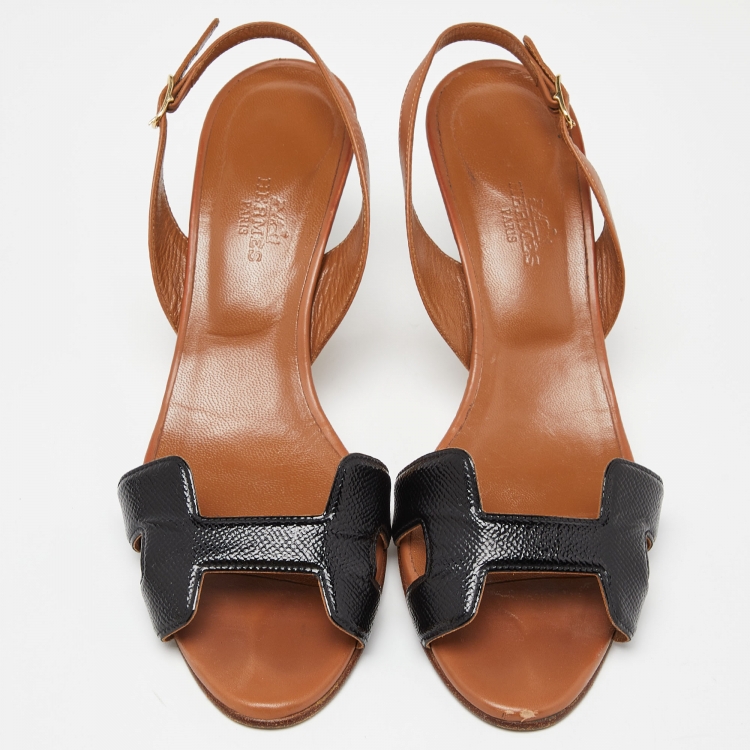 مملوكة مسبقًا Hermes Black/Brown Patent and Leather Night Sandals Size 37.5