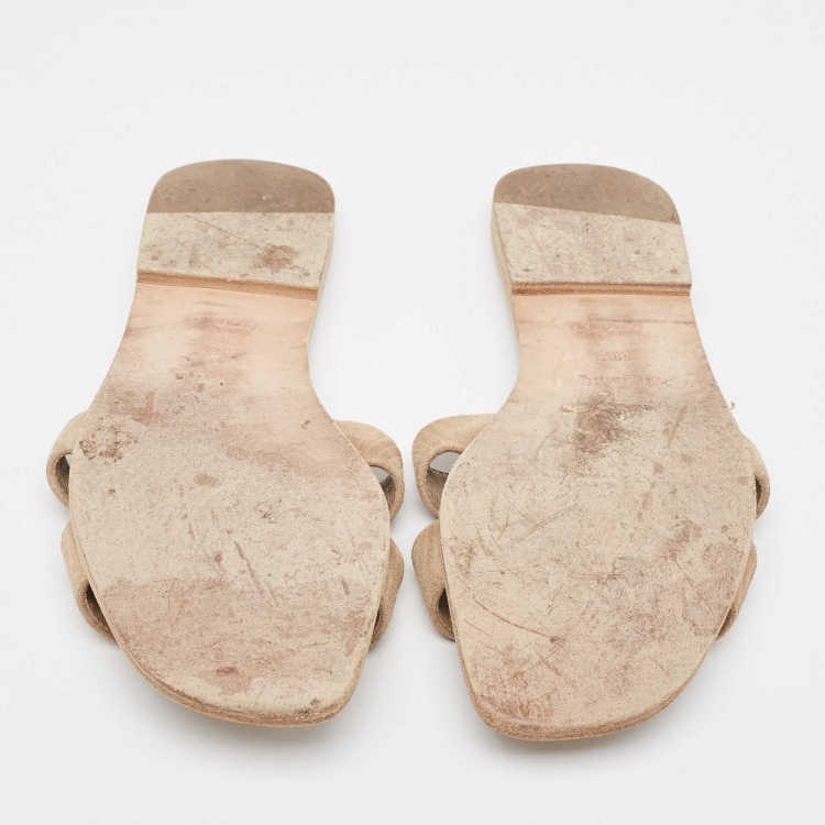 Pre Owned Hermes Beige Suede Oran Flat Slides Size 38.5 