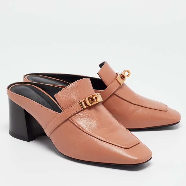 Pre Owned Hermes Beige Leather Blossom Heel Mules Size 38