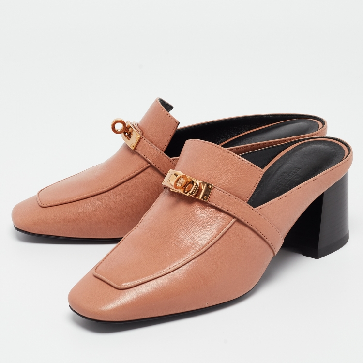 Pre Owned Hermes Beige Leather Blossom Heel Mules Size 38