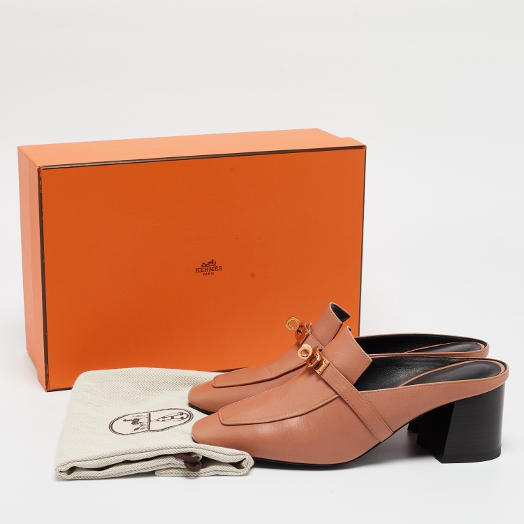 Pre Owned Hermes Beige Leather Blossom Heel Mules Size 38