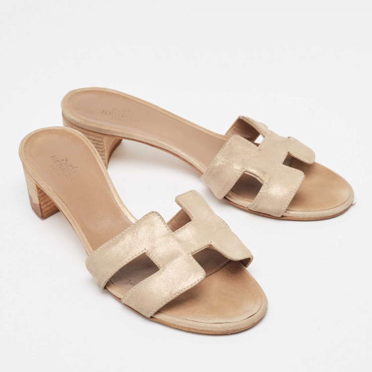 Pre Owned Hermes Beige Nubuck Leather Oasis Slide Sandals Size 36.5