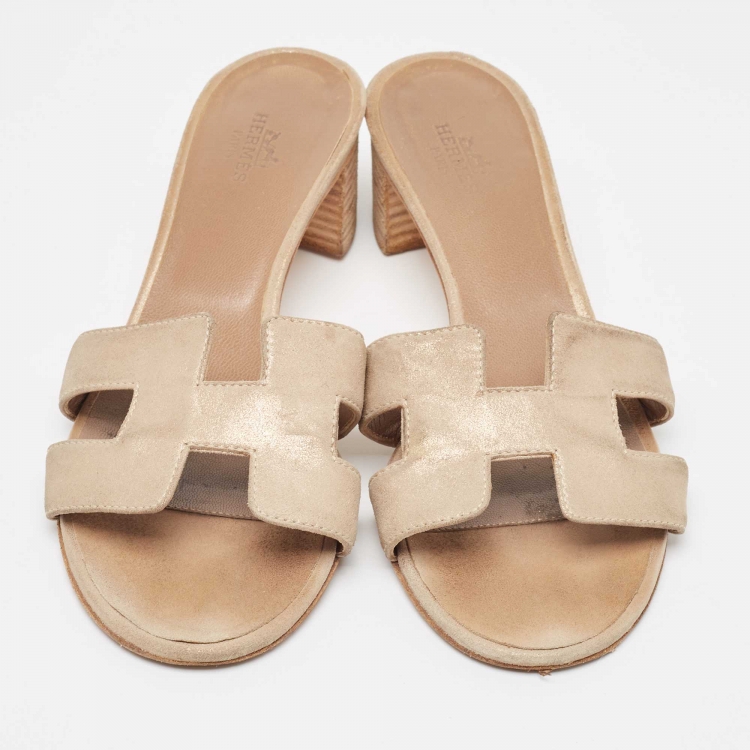 Pre Owned Hermes Beige Nubuck Leather Oasis Slide Sandals Size 36.5