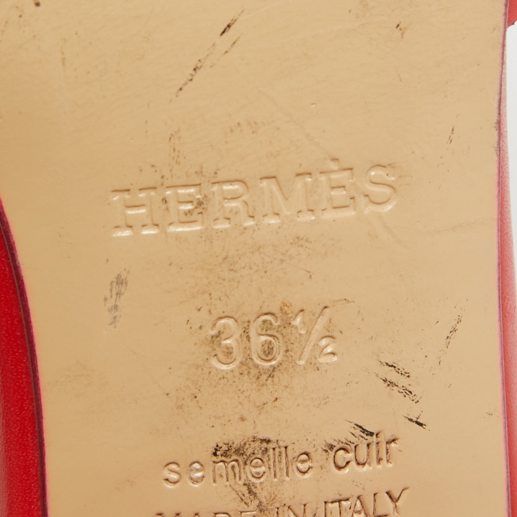 Pre Owned Hermes Red Leather Mona Block Heel Slide Sandals Size 36.5
