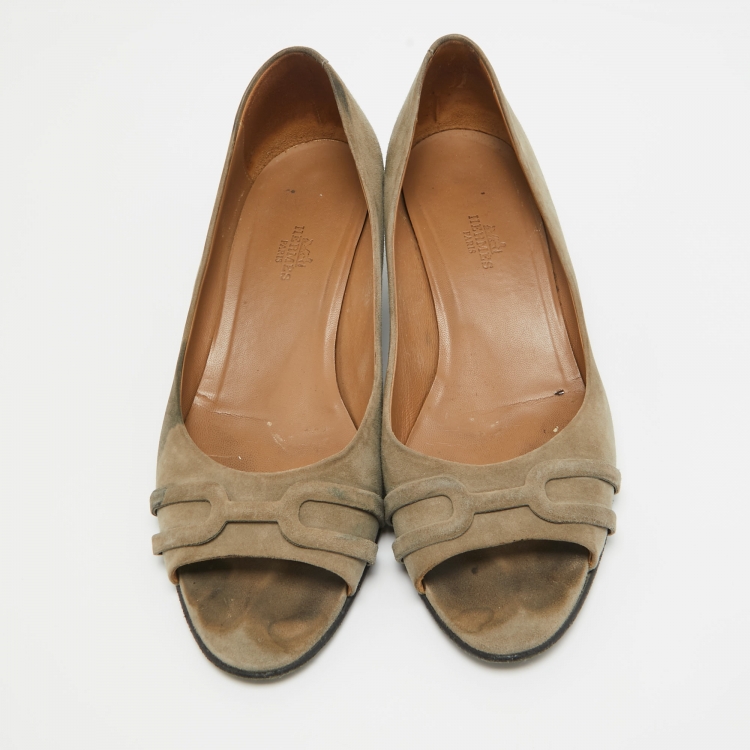 Pre Owned Hermes Grey Suede Open Toe Pumps Size 39.5
