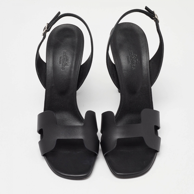 Pre Owned Hermes Black Leather Night Slingback Sandals Size 39.5