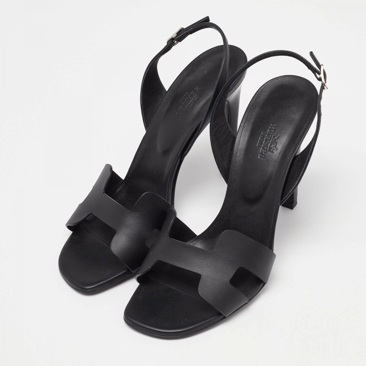 Pre Owned Hermes Black Leather Night Slingback Sandals Size 39.5