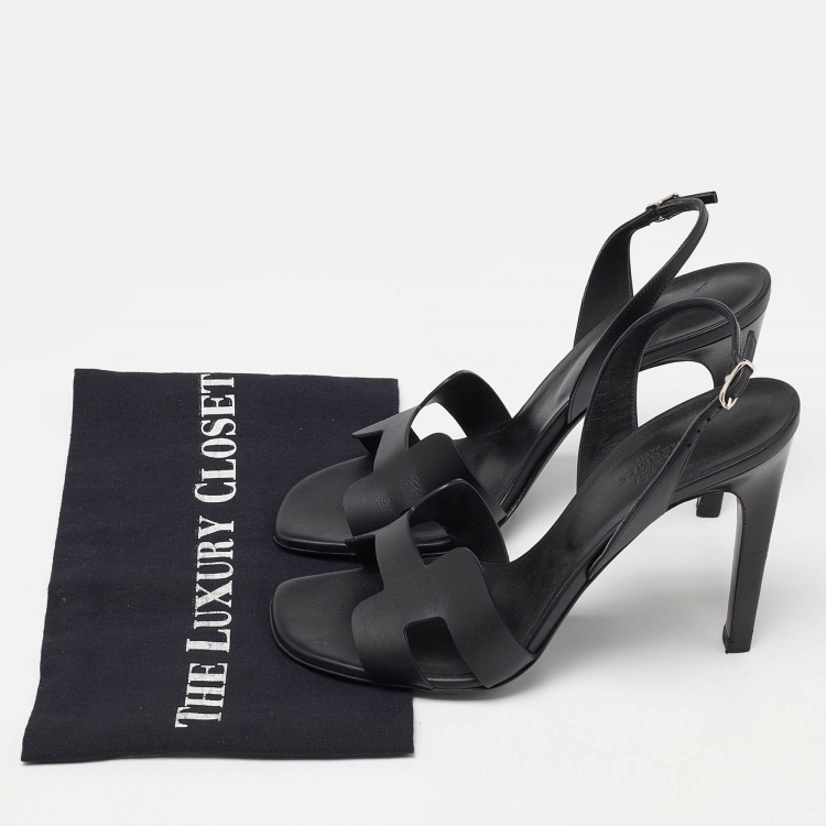 Pre Owned Hermes Black Leather Night Slingback Sandals Size 39.5