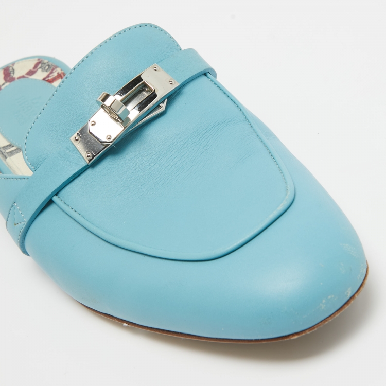 Pre Owned Hermes Blue Leather  Oz Mules Size  37