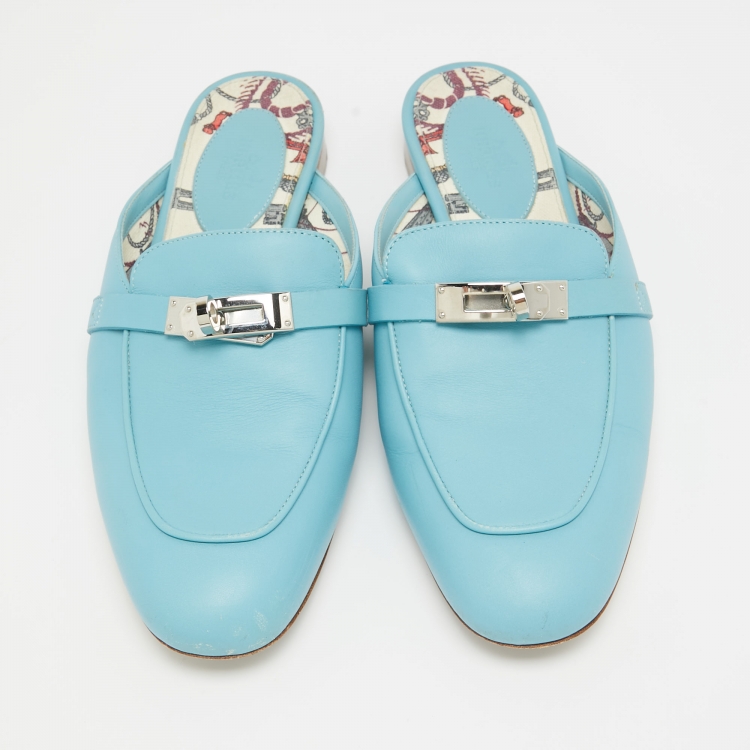 Pre Owned Hermes Blue Leather  Oz Mules Size  37