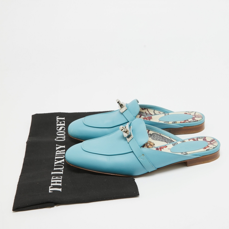 Pre Owned Hermes Blue Leather  Oz Mules Size  37