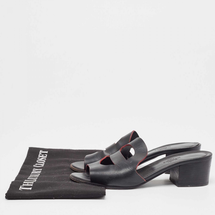 Pre Owned Hermes Black Leather Mona Sandals Size 36.5