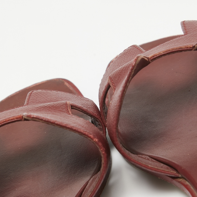 Pre Owned Hermes Burgundy Leather Oran Flat Slides Size 38