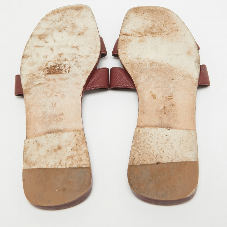 Pre Owned Hermes Burgundy Leather Oran Flat Slides Size 38