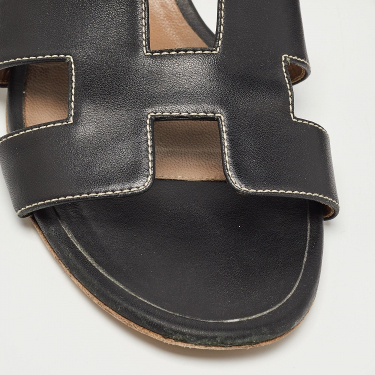 Pre Owned Hermes Black Leather Oasis Slide Sandals Size 41