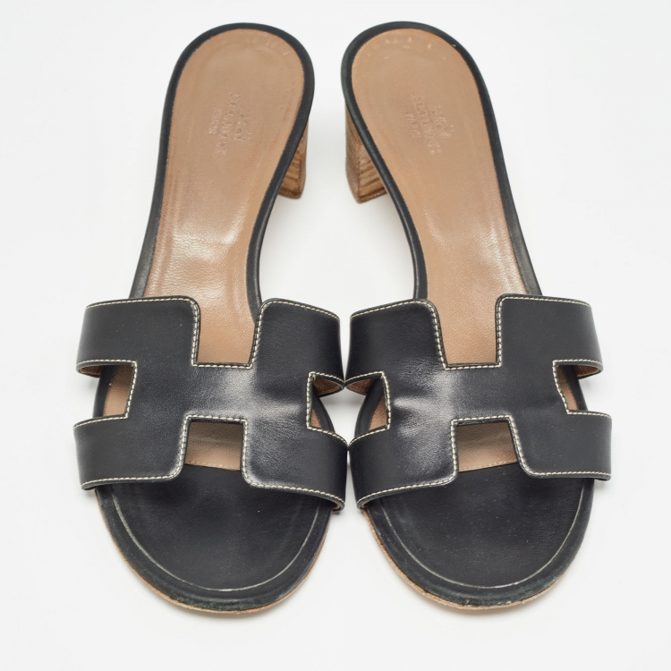 Pre Owned Hermes Black Leather Oasis Slide Sandals Size 41