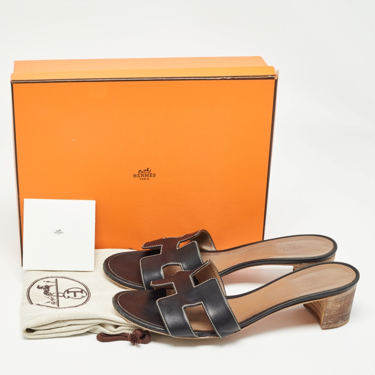 Pre Owned Hermes Black Leather Oasis Slide Sandals Size 41