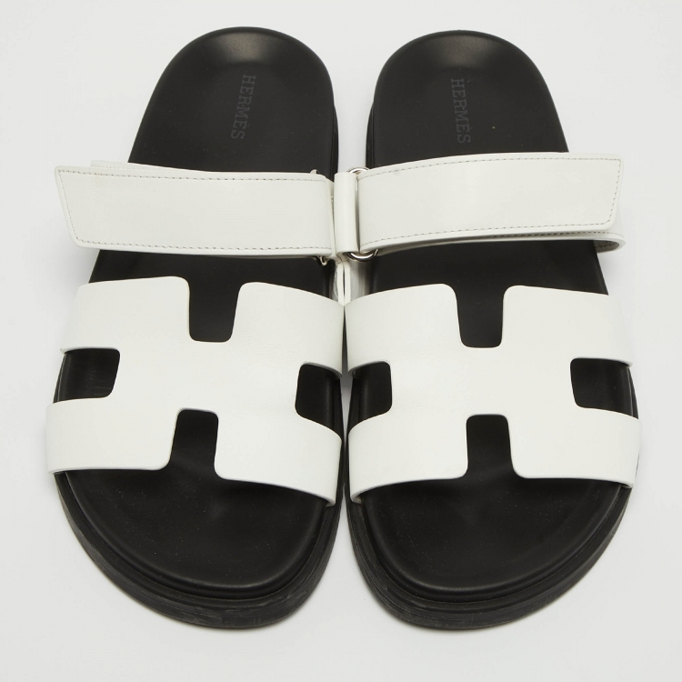 Pre Owned Hermes White Leather Chypre Slide Flats Size 39