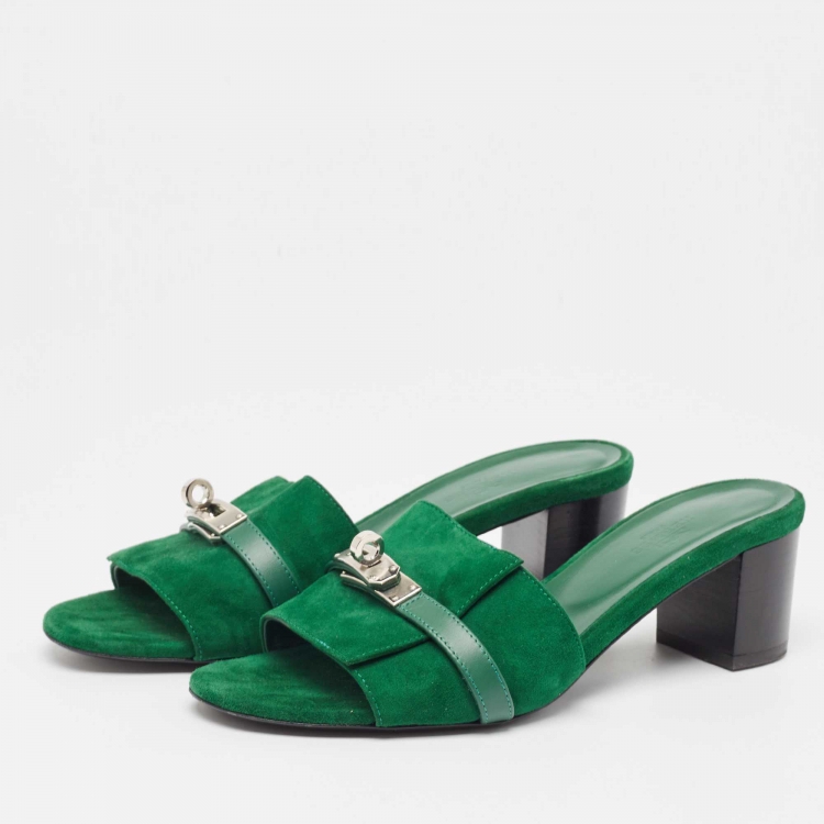Pre Owned Hermes Green Suede Gigi Slide Sandals Size 39