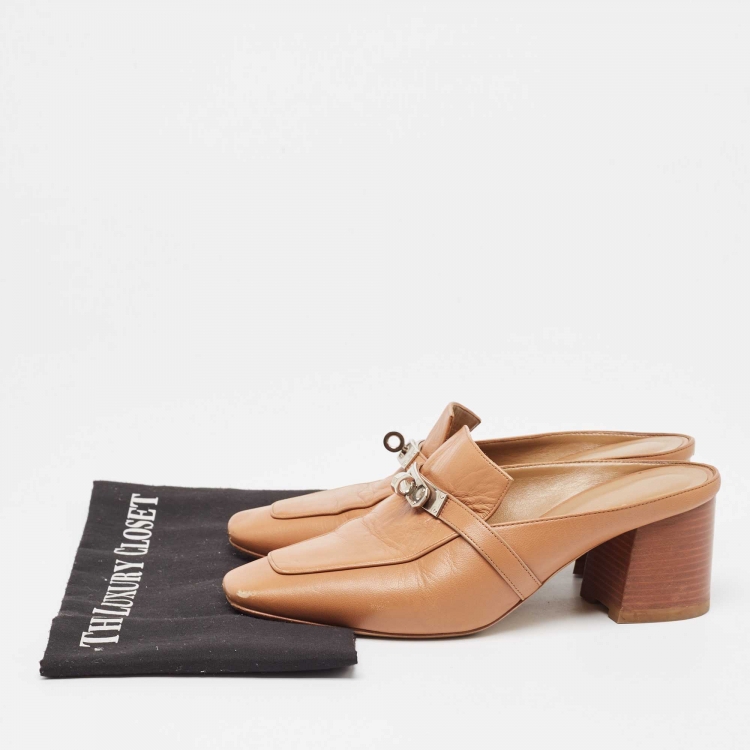 Pre Owned Hermes Brown Leather Blossom Mules Size 38.5