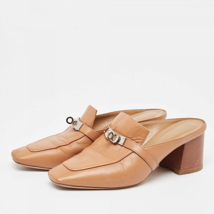 Pre Owned Hermes Brown Leather Blossom Mules Size 38.5
