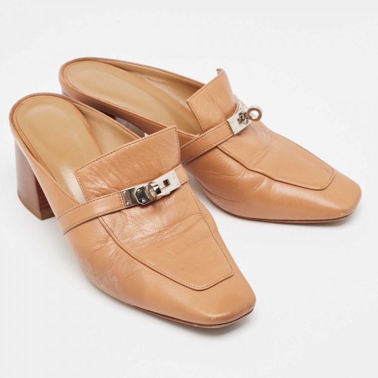 Pre Owned Hermes Brown Leather Blossom Mules Size 38.5