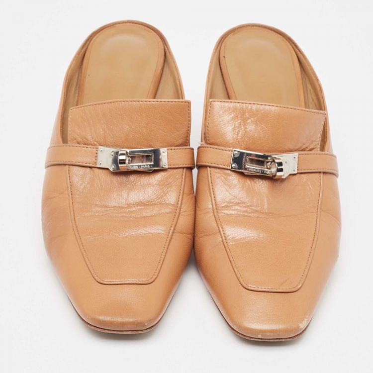Pre Owned Hermes Brown Leather Blossom Mules Size 38.5