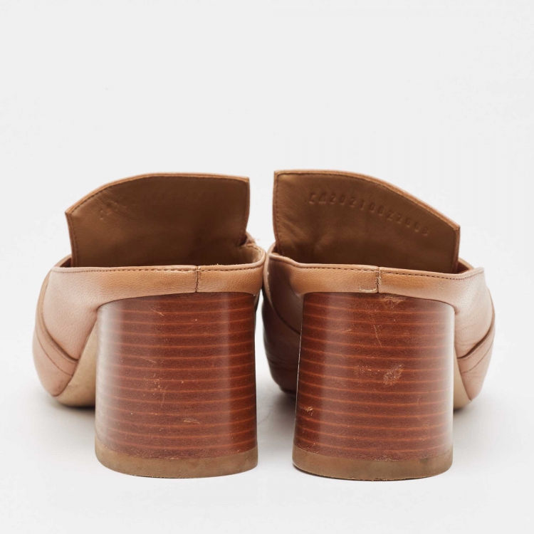 Pre Owned Hermes Brown Leather Blossom Mules Size 38.5