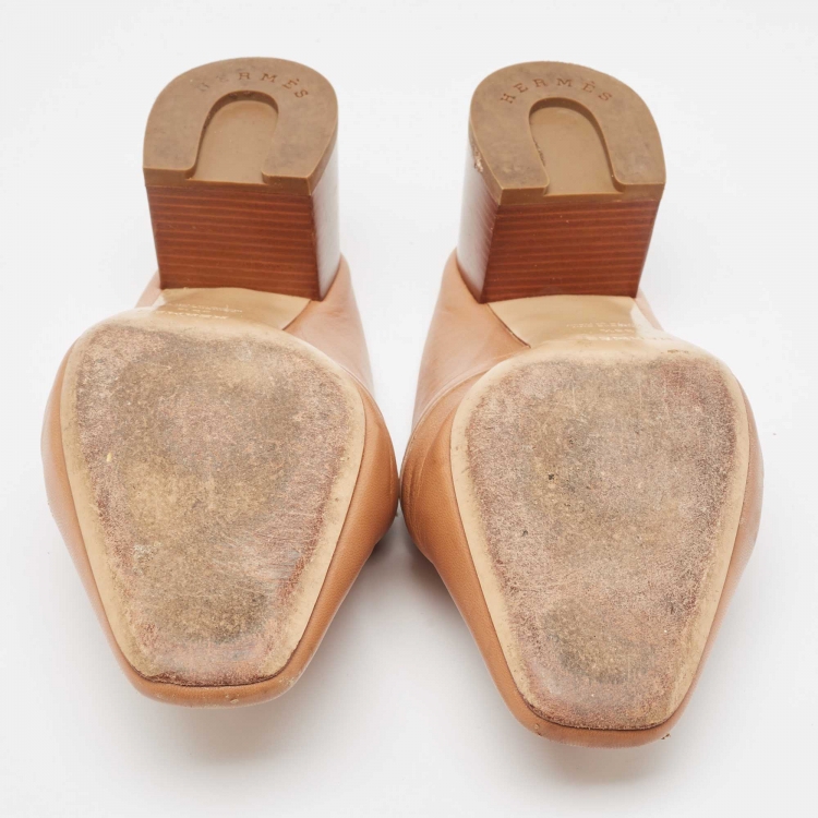 Pre Owned Hermes Brown Leather Blossom Mules Size 38.5