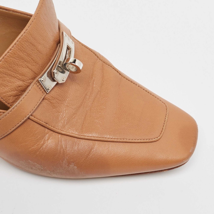 Pre Owned Hermes Brown Leather Blossom Mules Size 38.5