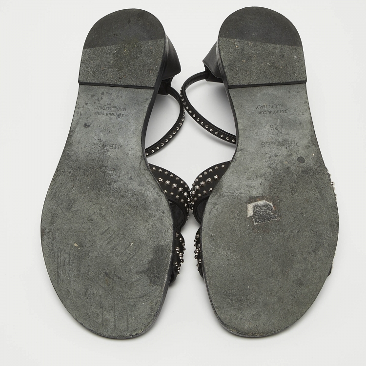 مملوكة مسبقًا Hermes Black Leather Santorini Ankle Wrap Sandals Size 36