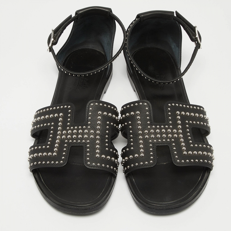 مملوكة مسبقًا Hermes Black Leather Santorini Ankle Wrap Sandals Size 36