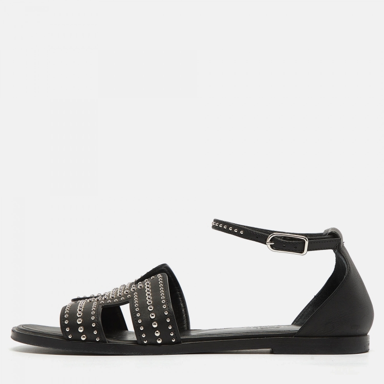 مملوكة مسبقًا Hermes Black Leather Santorini Ankle Wrap Sandals Size 36